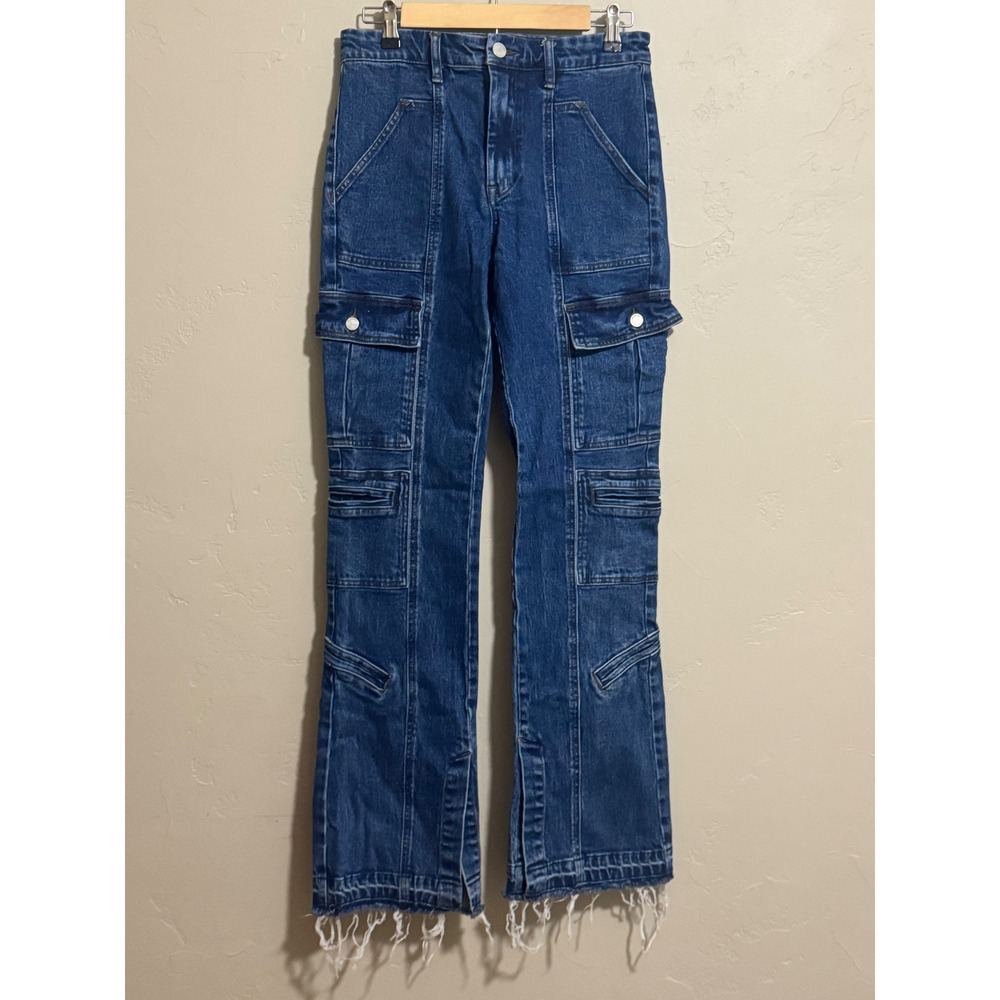 BLANKNYC Hoyt High Rise Mini Flare Cargo Jeans 27 Dark Wash Frayed 99% Cotton